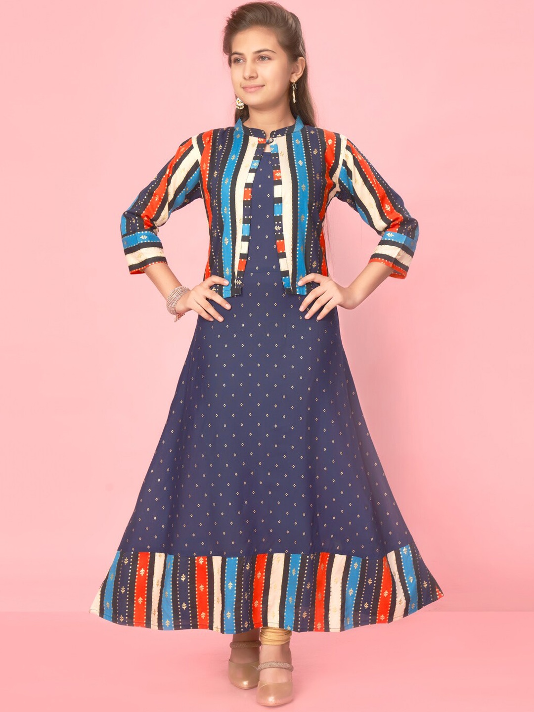 

Aarika Girls Geometric Printed Cotton A-Line Kurta With Jacket, Navy blue