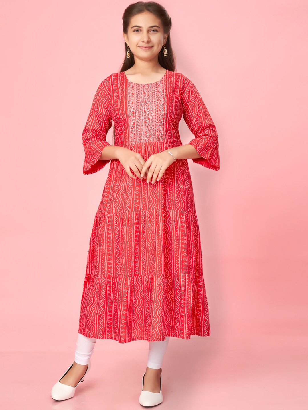 

Aarika Girls Bandhani Printed Sequined Zari Tiered Anarkali Cotton Kurta, Red