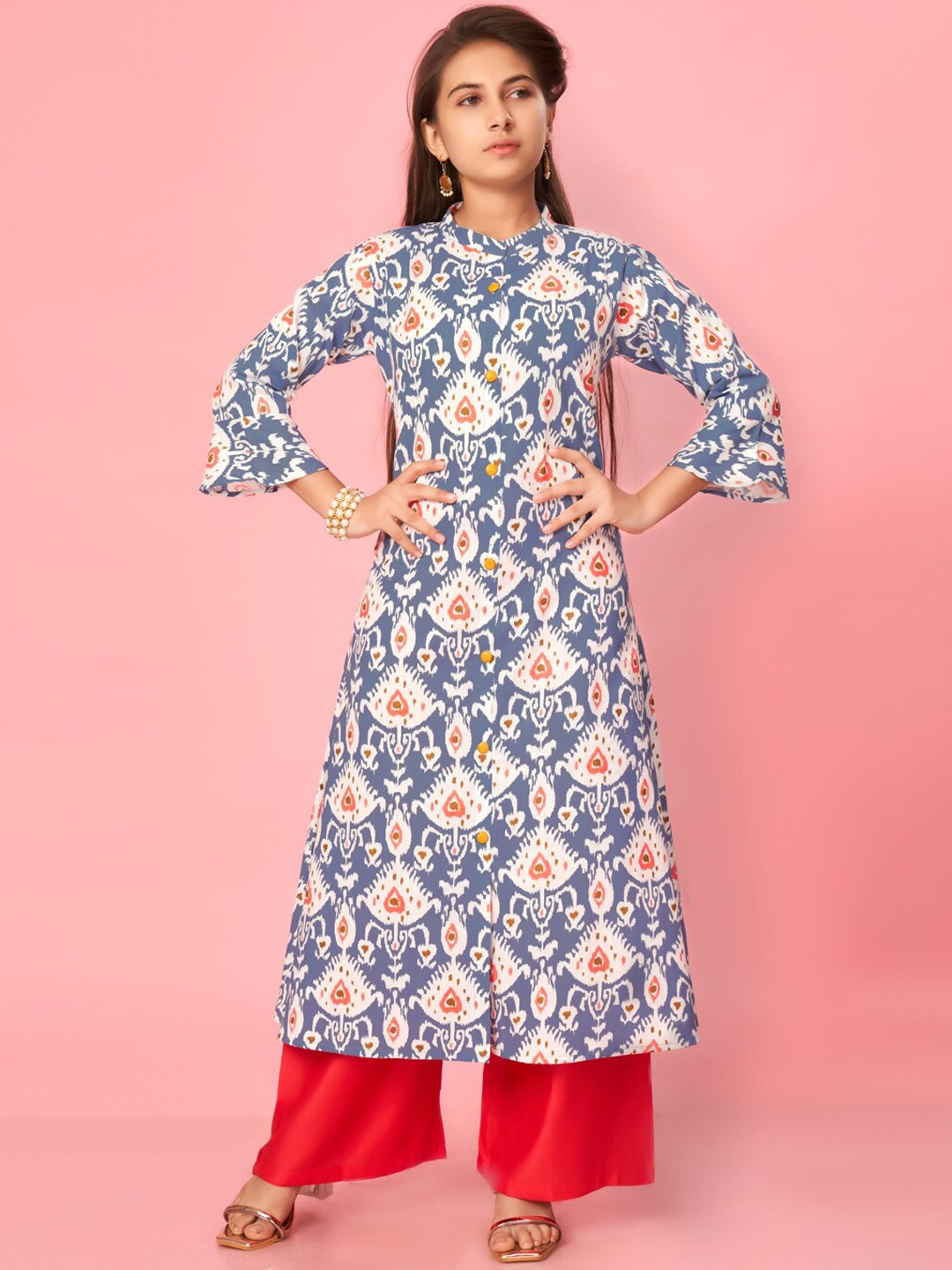 

Aarika Girls Ethnic Motifs Printed Band Collar A-Line Cotton Kurta, Blue