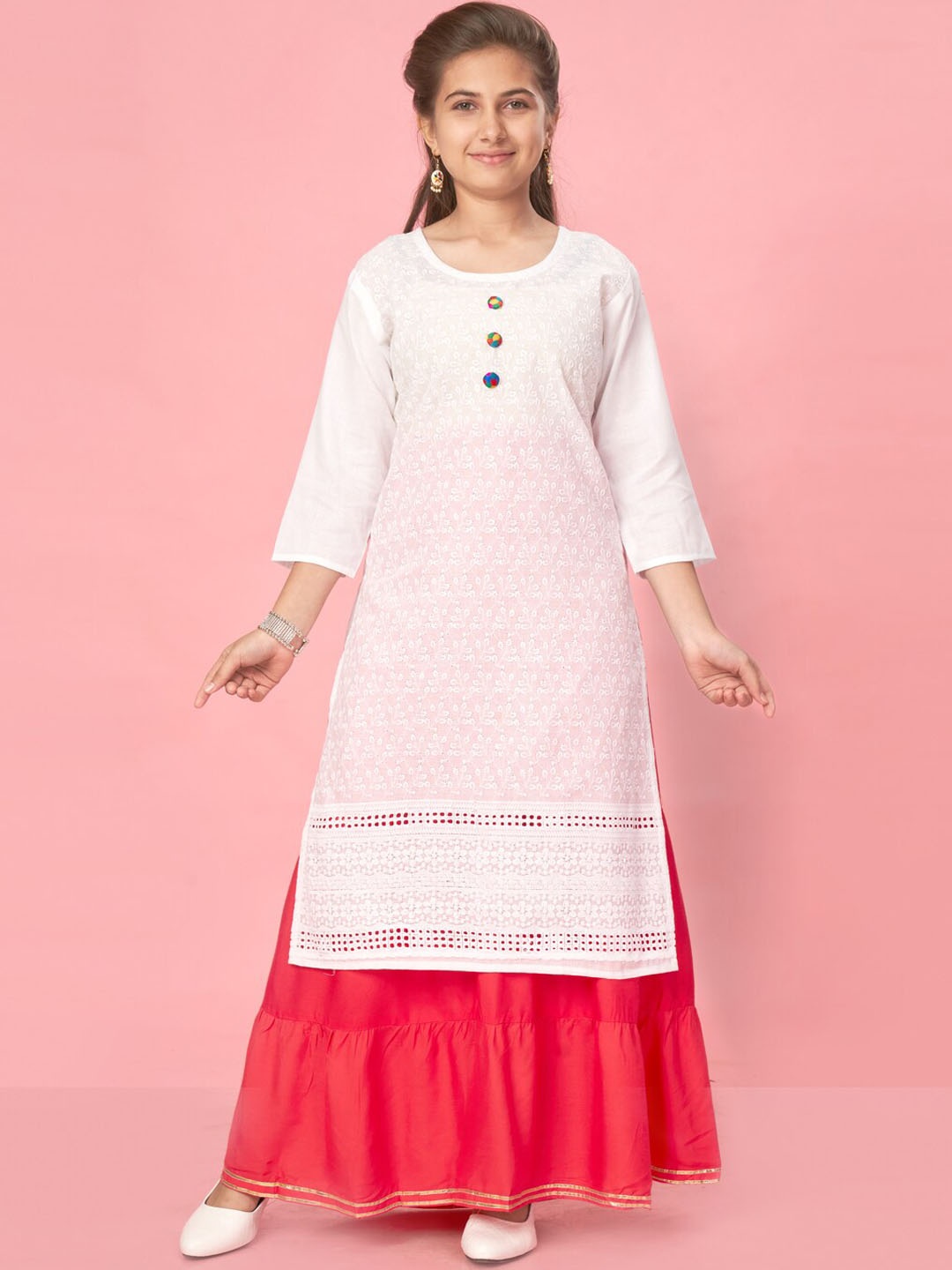 

Aarika Girls White Ethnic Motifs Embroidered Cotton Kurta, Off white