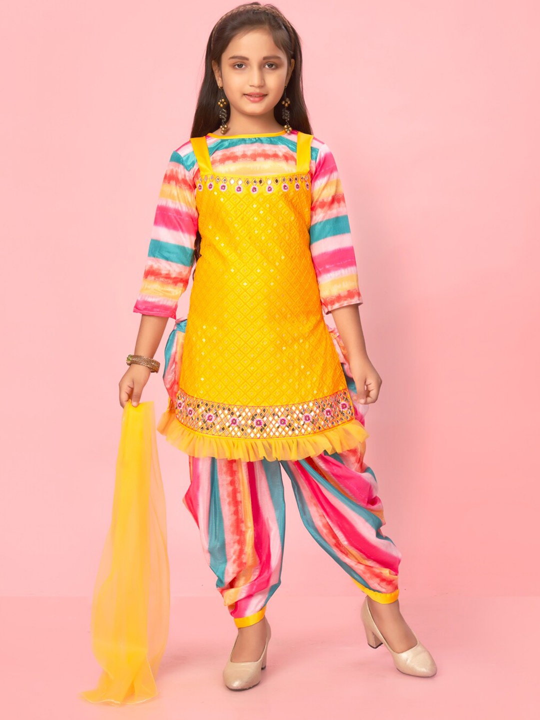 

Aarika Girls Embroidered Sequined Mirror Work Pure Cotton Kurta with Patiala & Dupatta, Mustard