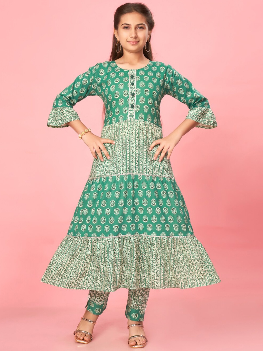 

Aarika Girls Floral Printed Bell Sleeves Tiered Anarkali Cotton Kurta, Green