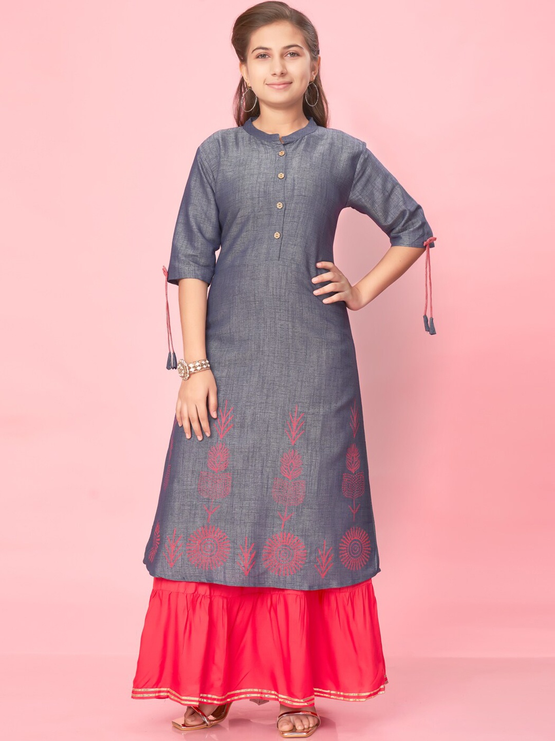 

Aarika Girls Ethnic Motifs Printed A-Line Pure Cotton Kurta with Skirt, Grey