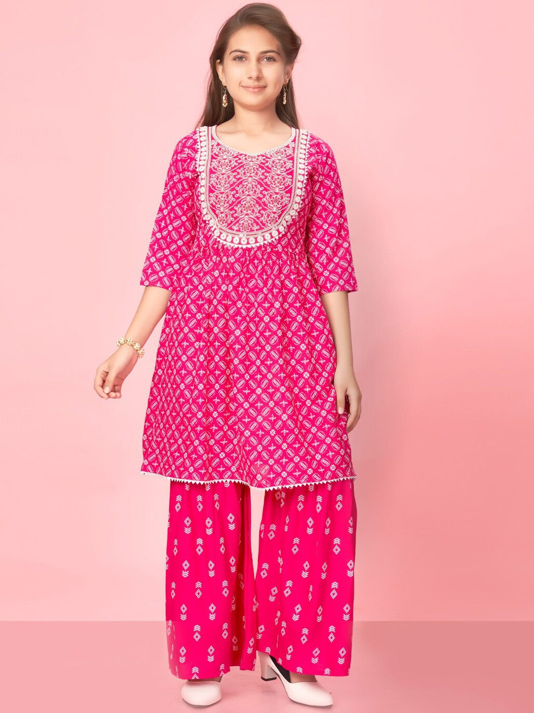 

Aarika Girls Ethnic Motifs Printed Thread Work Sequinned Pure Cotton Kurta with Sharara, Pink
