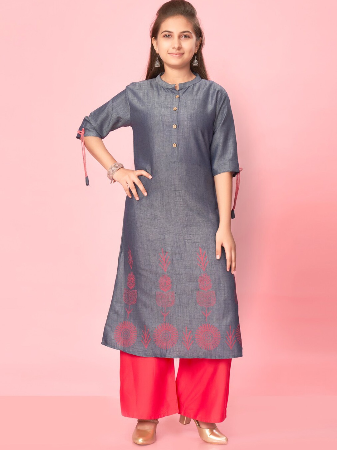 

Aarika Girls Ethnic Motifs Printed Pure Cotton Kurta with Palazzos, Grey