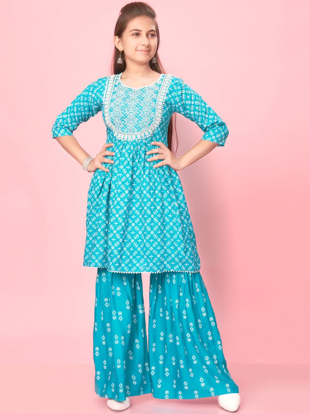 

Aarika Girls Ethnic Motifs Printed Thread Work A-Line Pure Cotton Kurti with Sharara, Turquoise blue