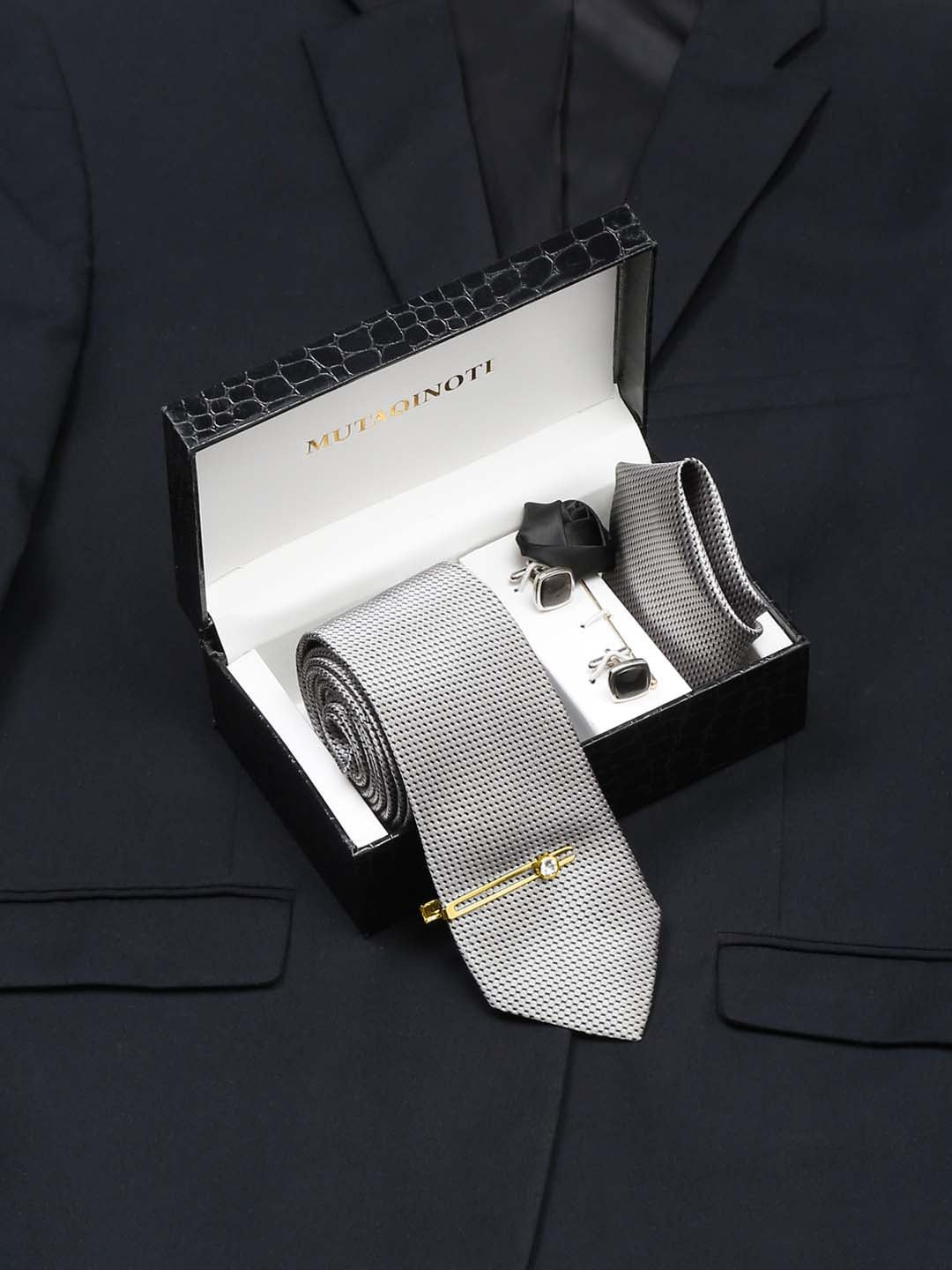 

MUTAQINOTI Men Silk Blend Necktie Accessory Gift Set, Grey