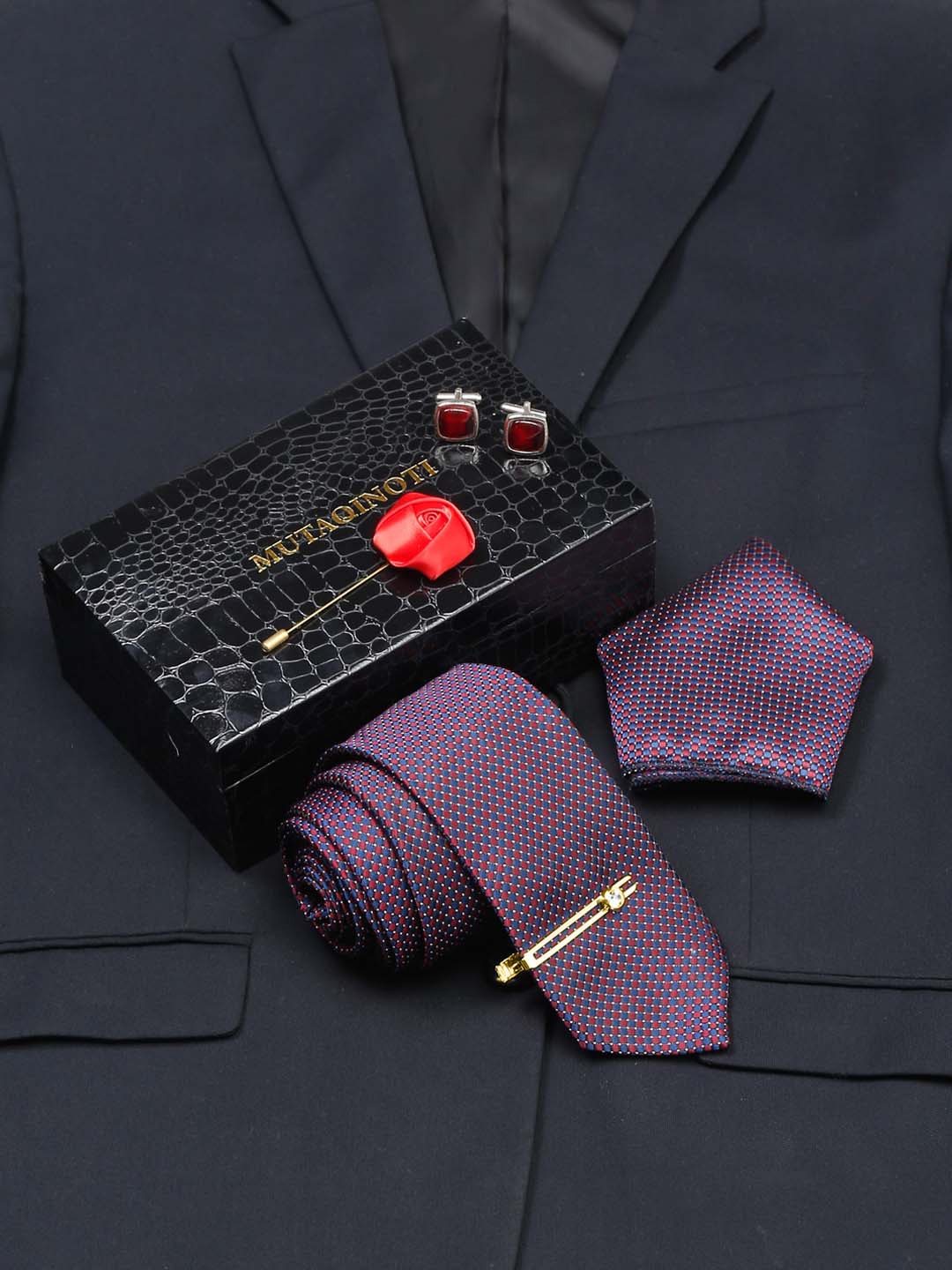 

MUTAQINOTI Men Rosewood Silk Formal Accessory Gift Set, Purple