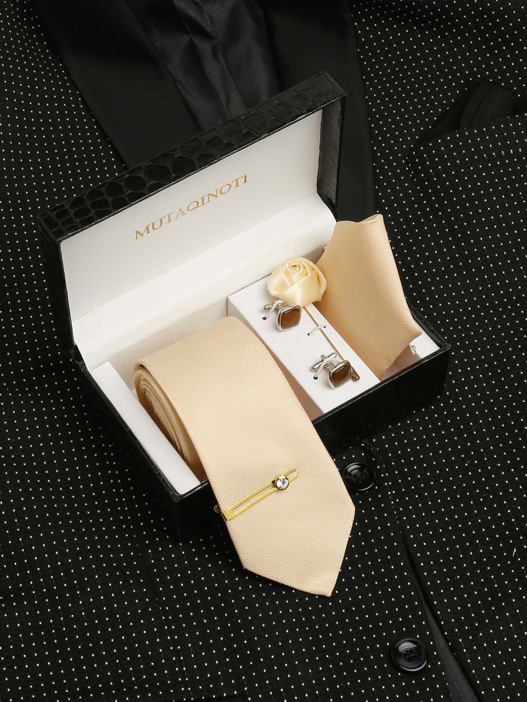 

MUTAQINOTI Men Checked Self Design Silk Necktie Accessory Gift Set, Cream