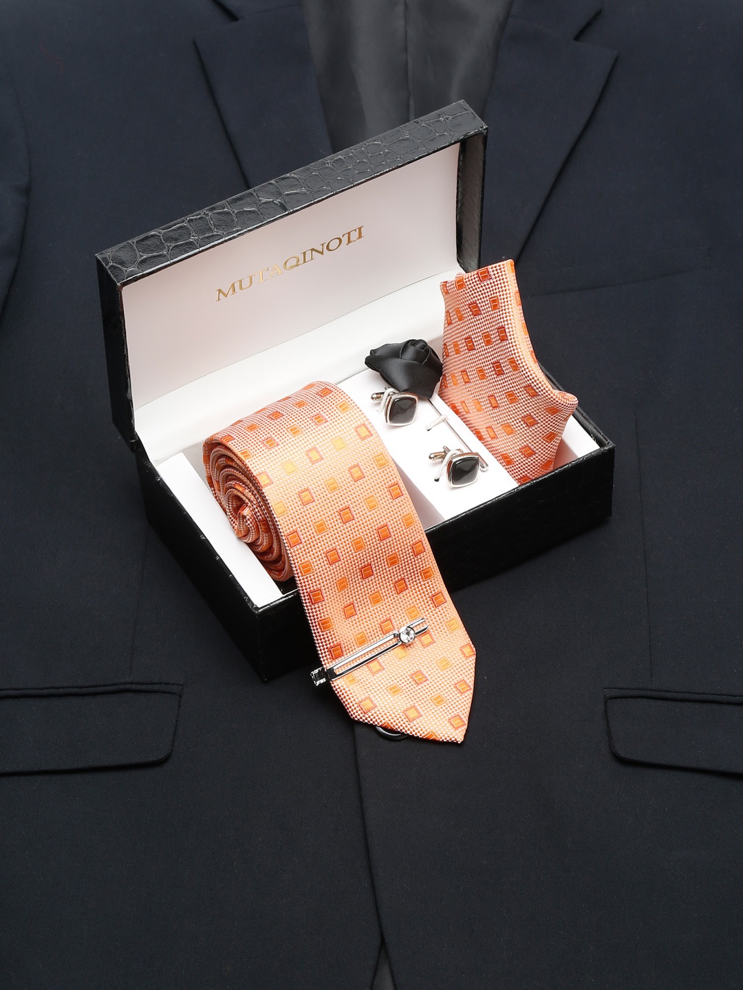 

MUTAQINOTI Men Silk Blend Necktie Accessory Gift Set, Peach