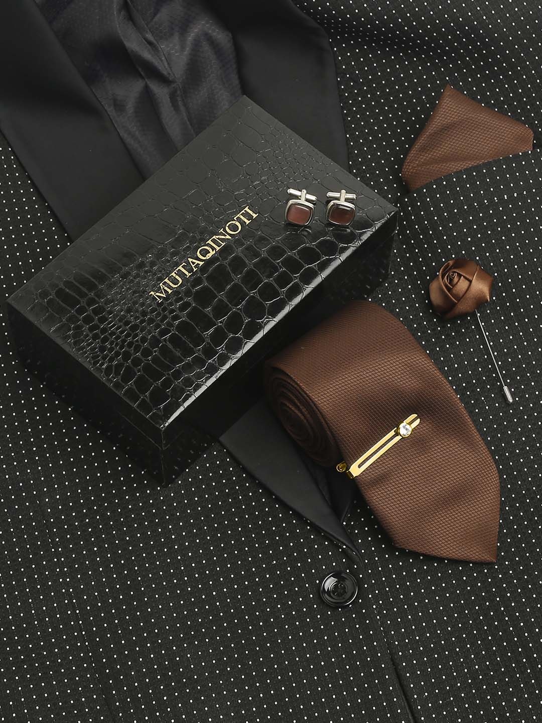 

MUTAQINOTI Men Micro Checks Silk Necktie Accessory Gift Set, Brown