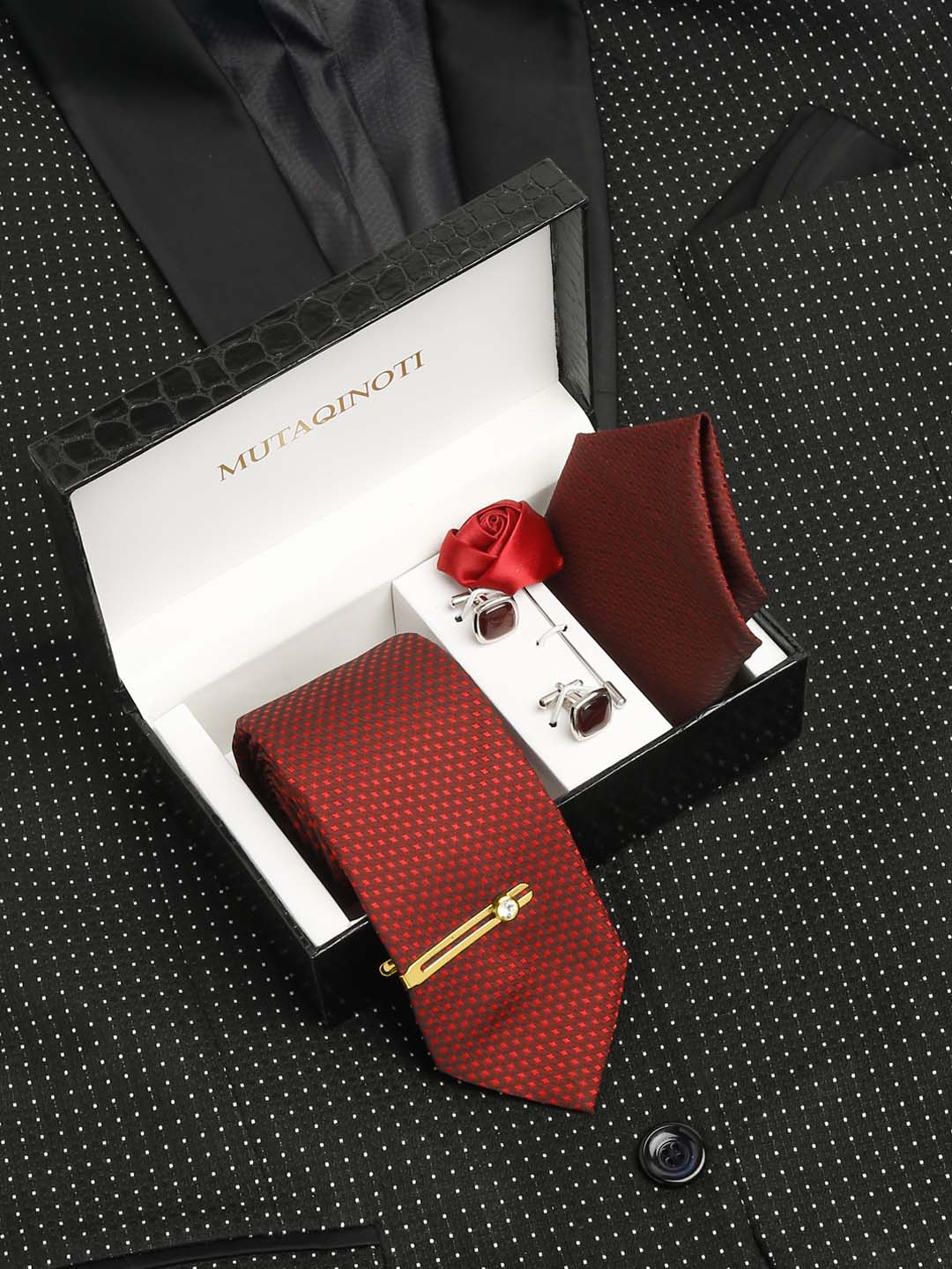 

MUTAQINOTI Men Silk Necktie Accessory Gift Set, Maroon