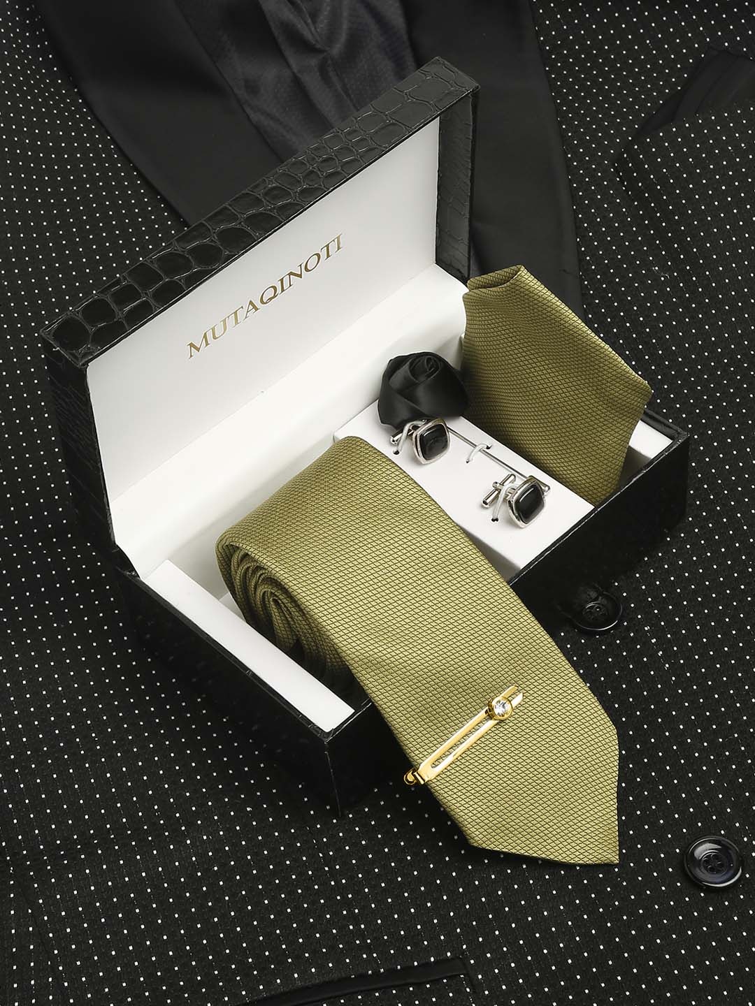 

MUTAQINOTI Men Formal Silk Accessory Gift Set, Green