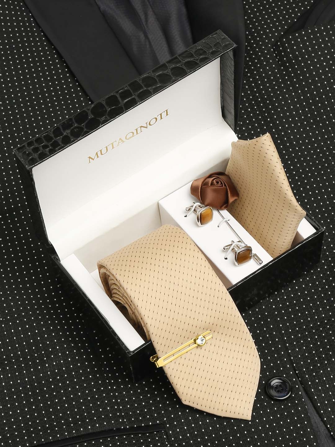 

MUTAQINOTI Men Silk Necktie Accessory Gift Set, Cream