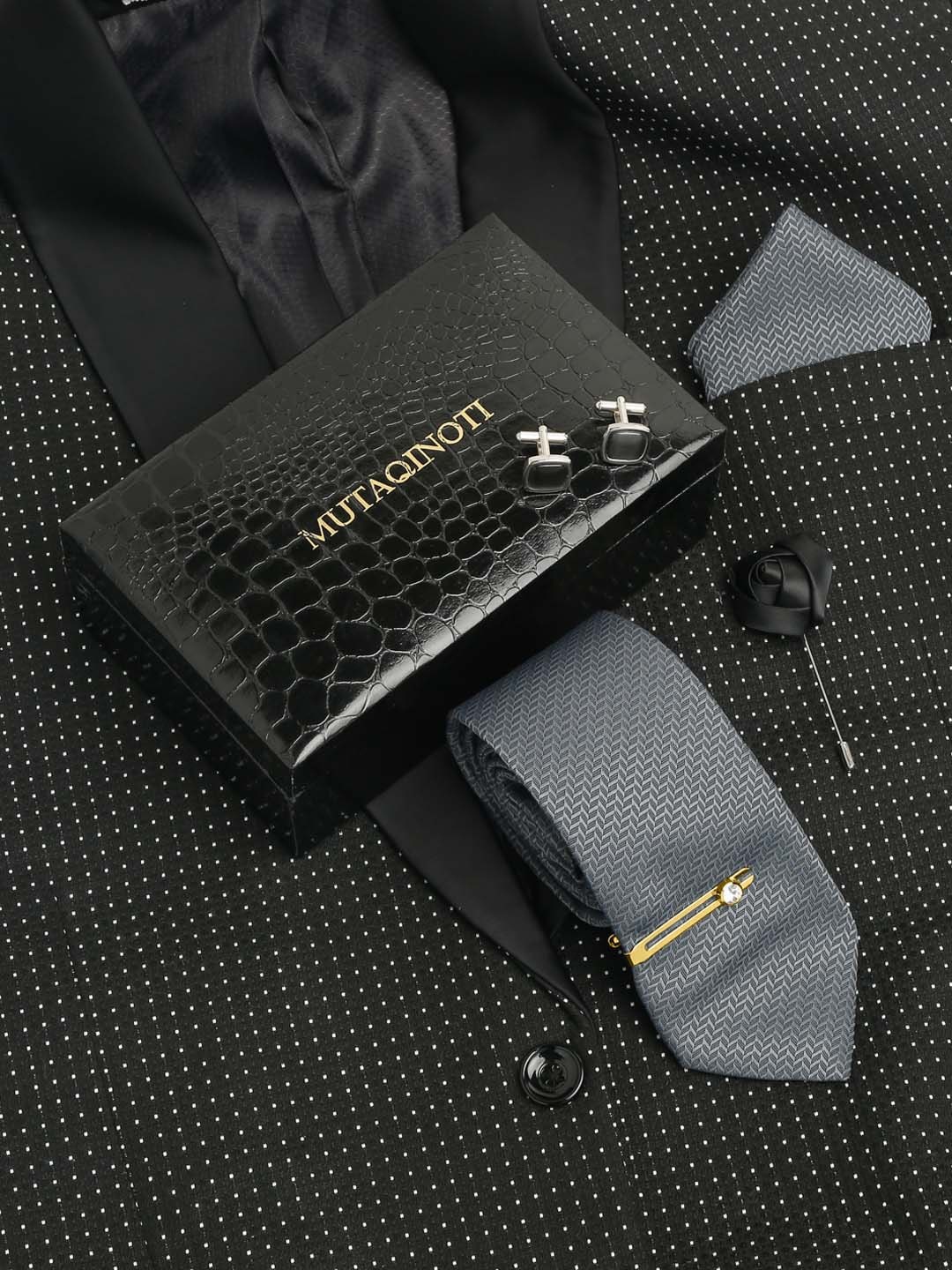 

MUTAQINOTI Men Printed Silk Formal Accessory Gift Set, Grey
