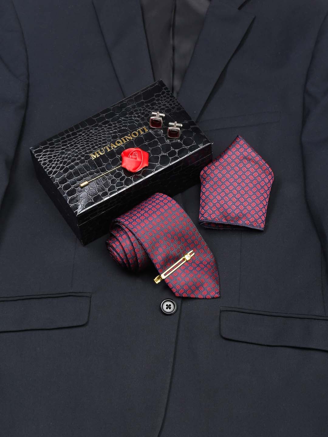 MUTAQINOTI Men Self Design Silk Blend Necktie Accessory Gift Set, Pink
