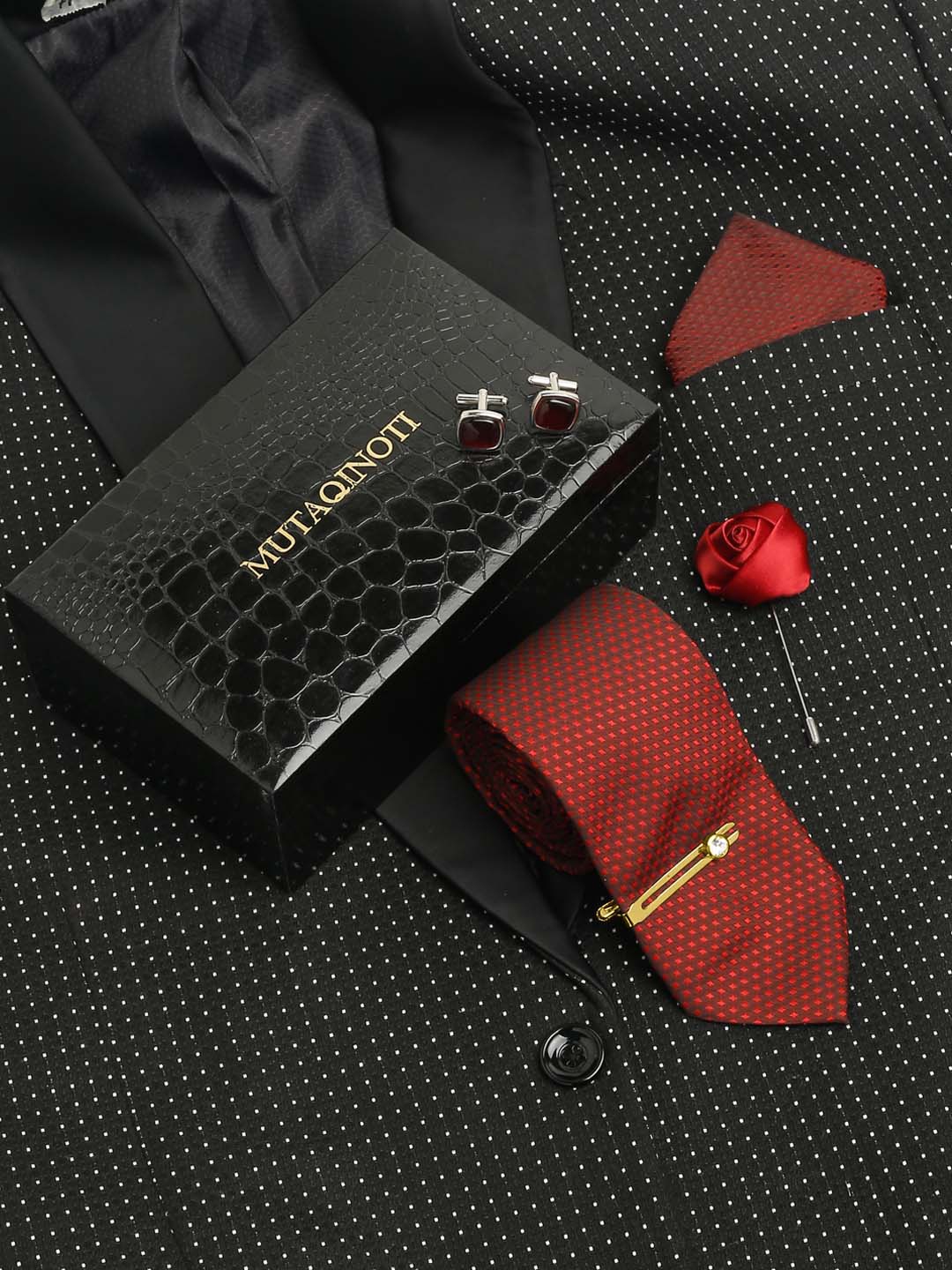 

MUTAQINOTI Men Silk Blend Necktie Accessory Gift Set, Maroon