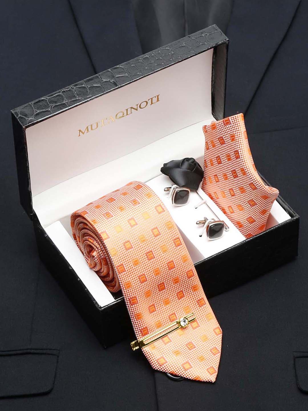 

MUTAQINOTI Men Silk Necktie Accessory Gift Set, Peach