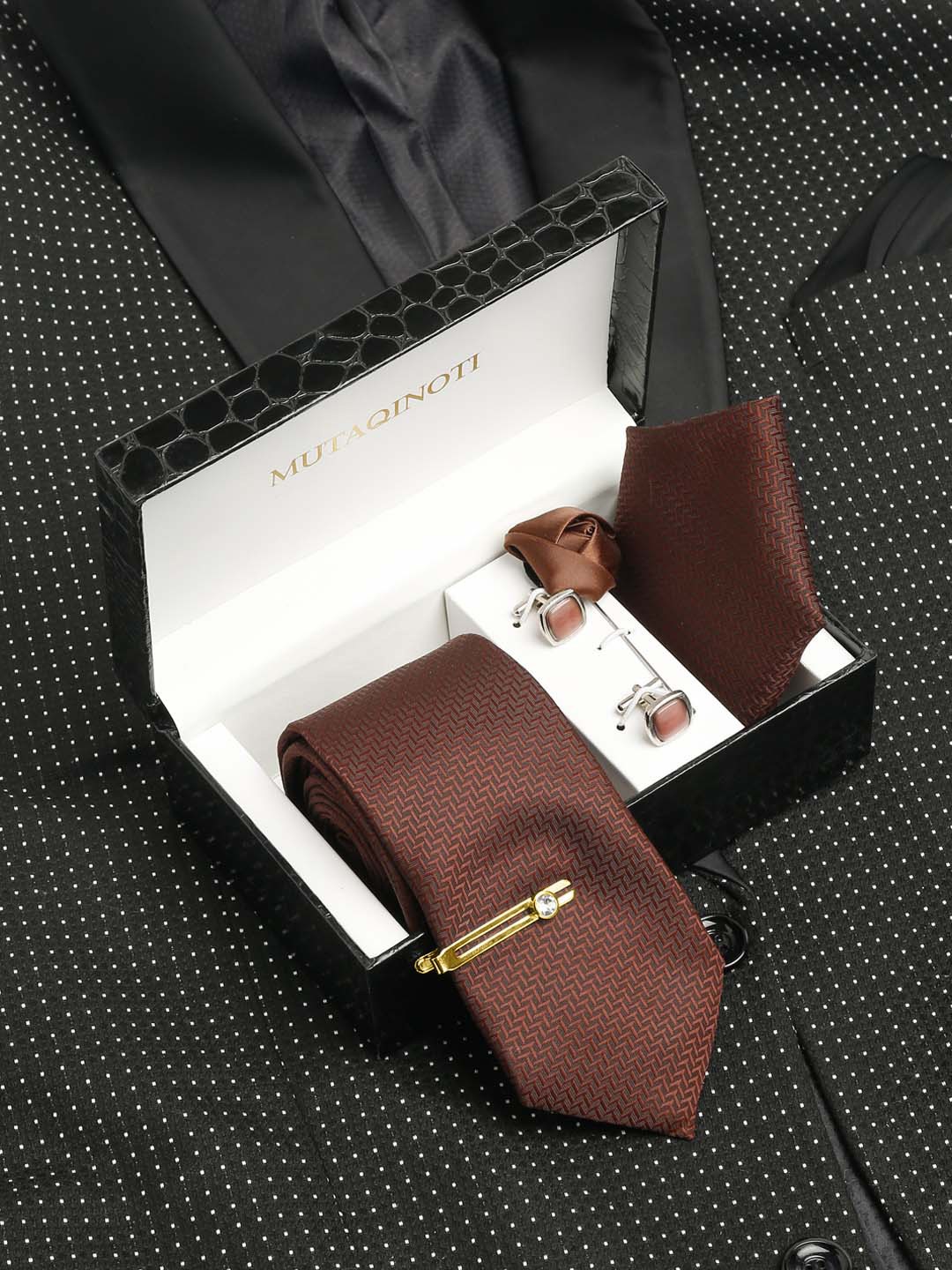 

MUTAQINOTI Men Floral Brown Silk Necktie Accessory Gift Set
