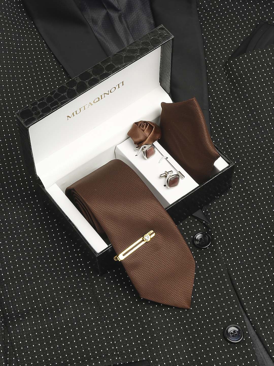 

MUTAQINOTI Men Checked Silk Necktie Accessory Gift Set, Brown