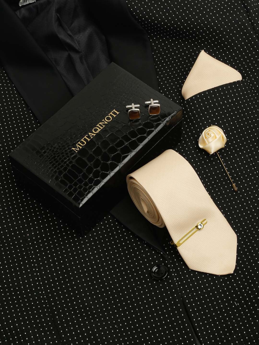MUTAQINOTI Men Silk Necktie Accessory Gift Set, Cream