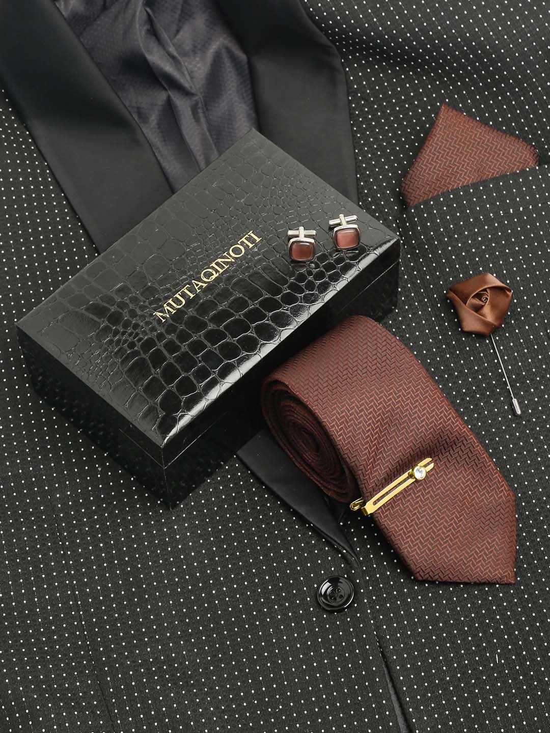 

MUTAQINOTI Men Floral Silk Necktie Accessory Gift Set, Brown