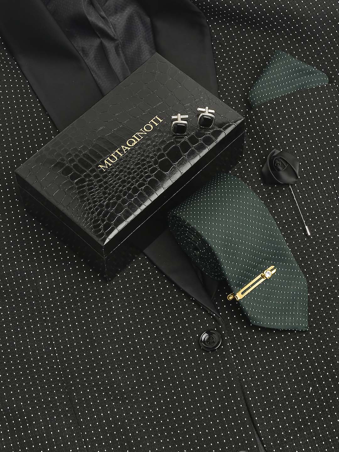 

MUTAQINOTI Men Dotted Silk Necktie Accessory Gift Set, Green