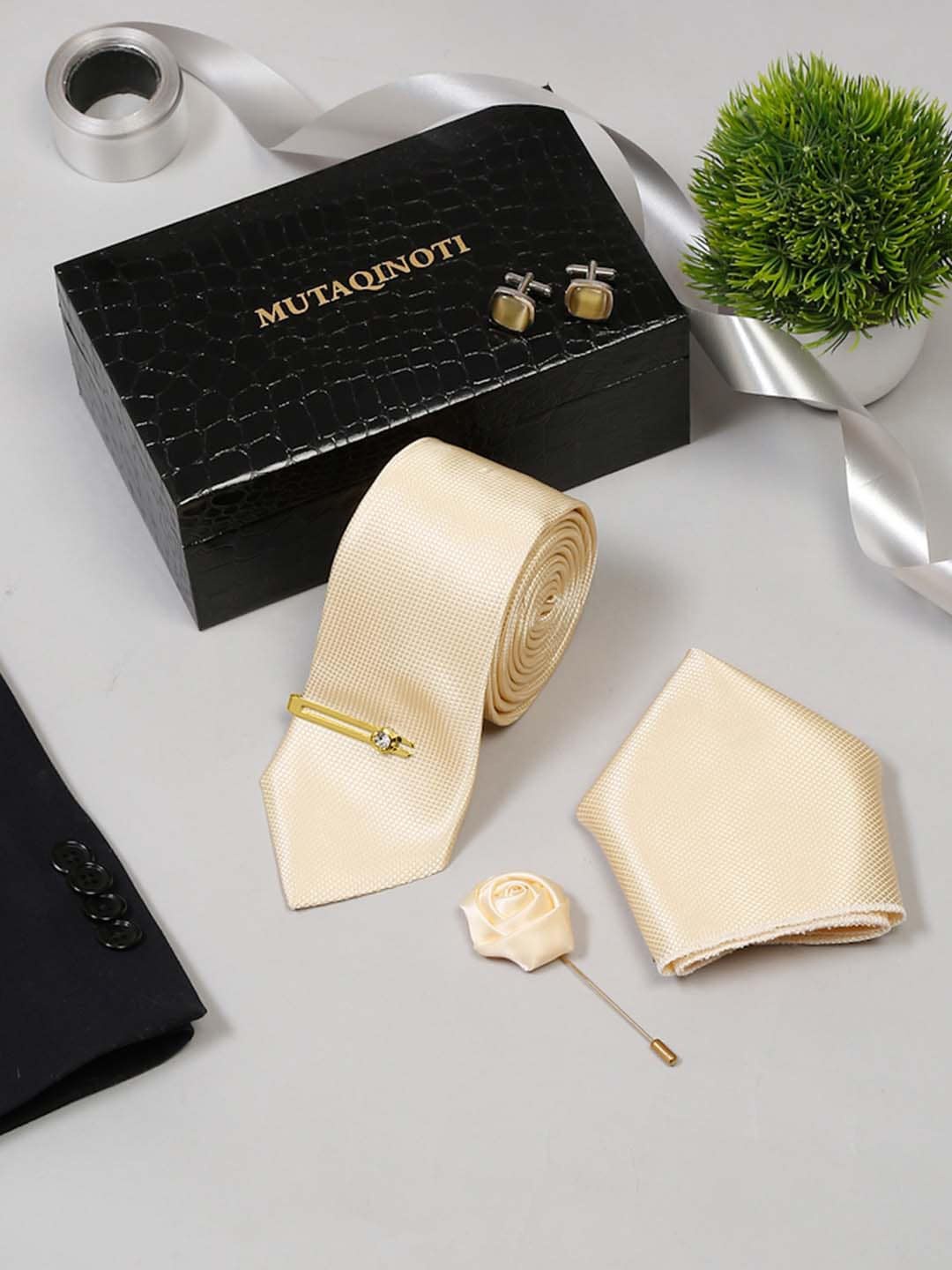

MUTAQINOTI Men Checked Silk Necktie Accessory Gift Set, Cream