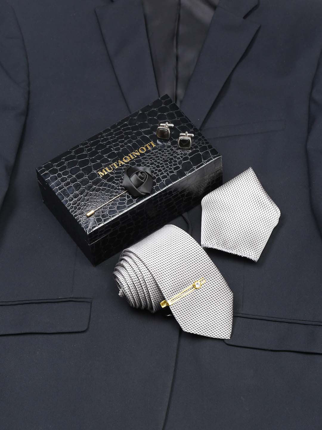 

MUTAQINOTI Men Formal Silk Necktie Accessory Gift Set, Grey