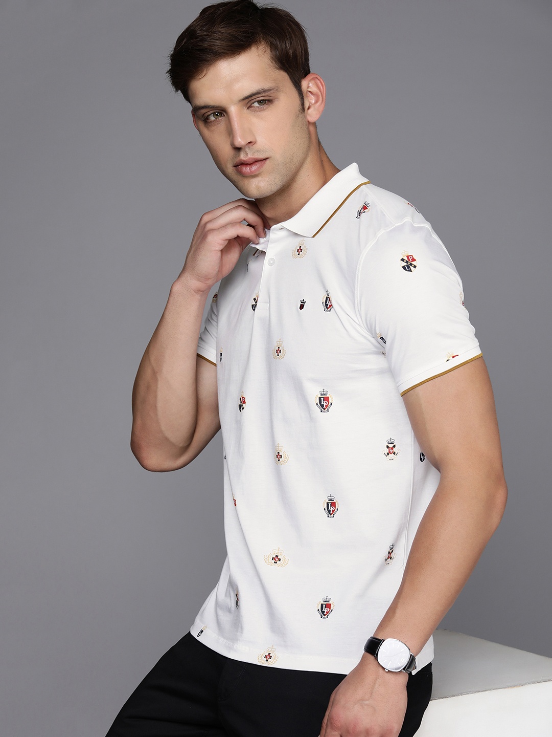 

Louis Philippe Sport Brand Logo Printed Polo Collar Pure Cotton Slim Fit T-shirt, White