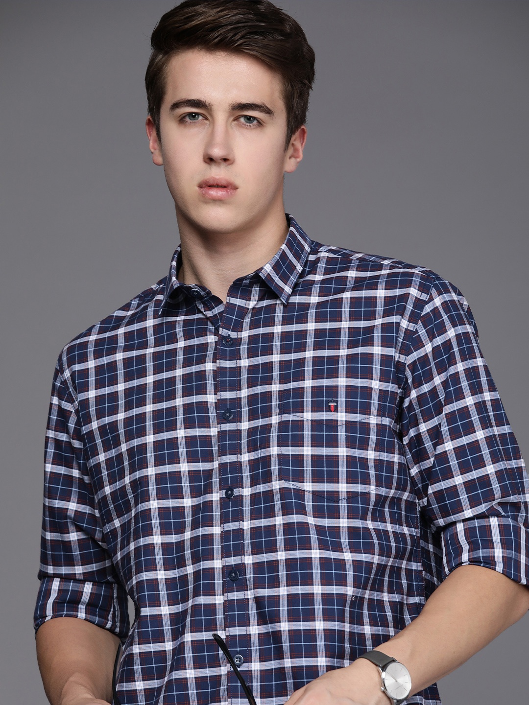 

Louis Philippe Sport Men Pure Cotton Slim Fit Opaque Checked Casual Shirt, Navy blue