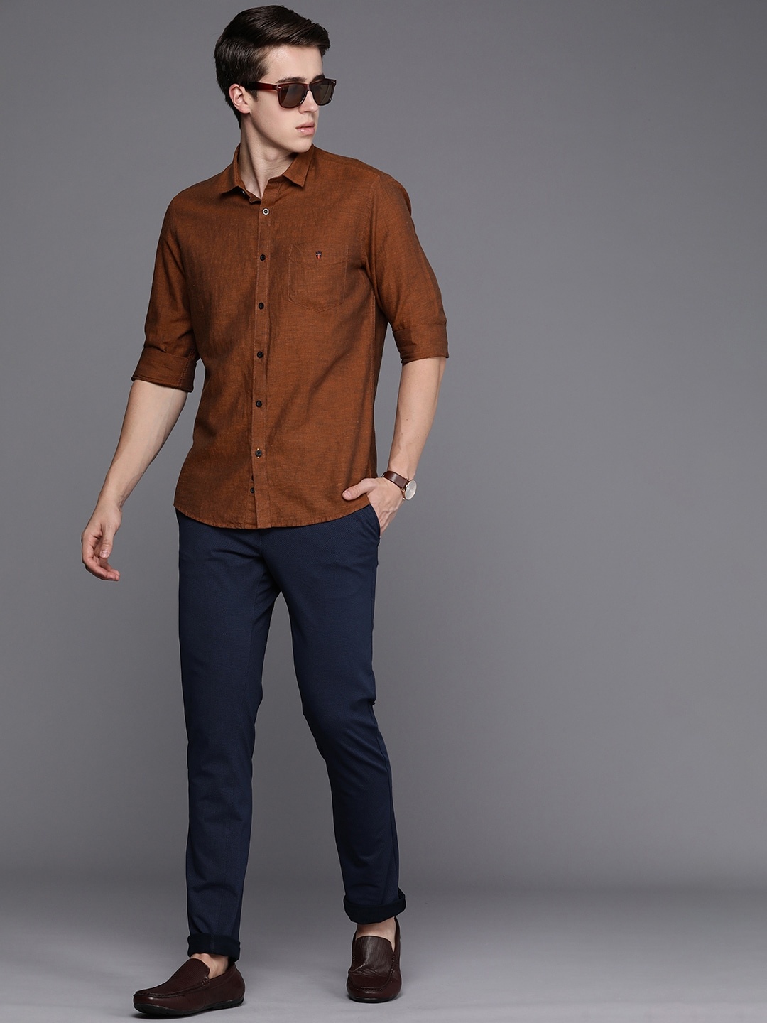 

Louis Philippe Sport Cotton Hemp Slim Fit Textured Casual Shirt, Brown