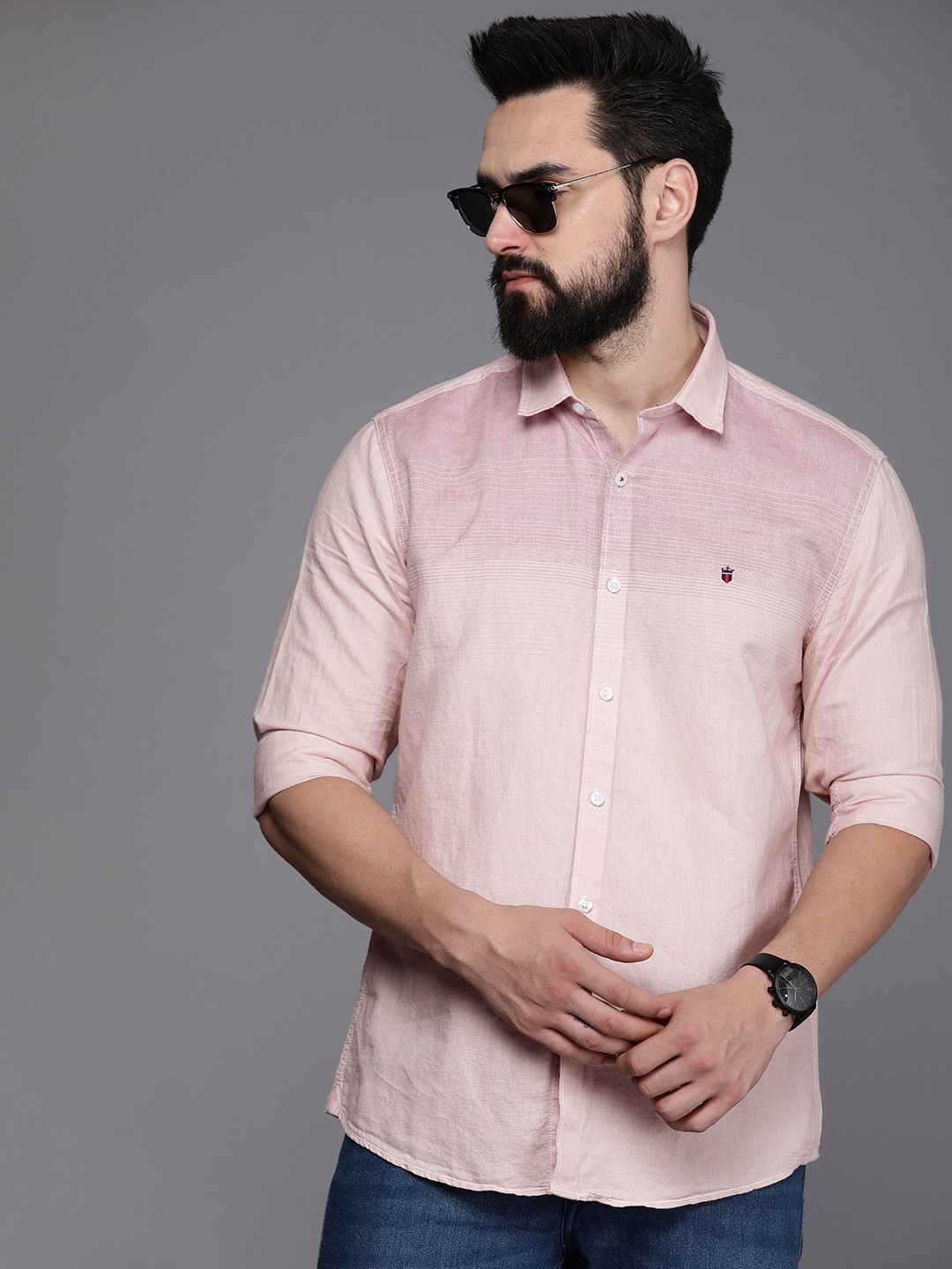 

Louis Philippe Sport Men Slim Fit Horizontal Striped Casual Shirt, Peach