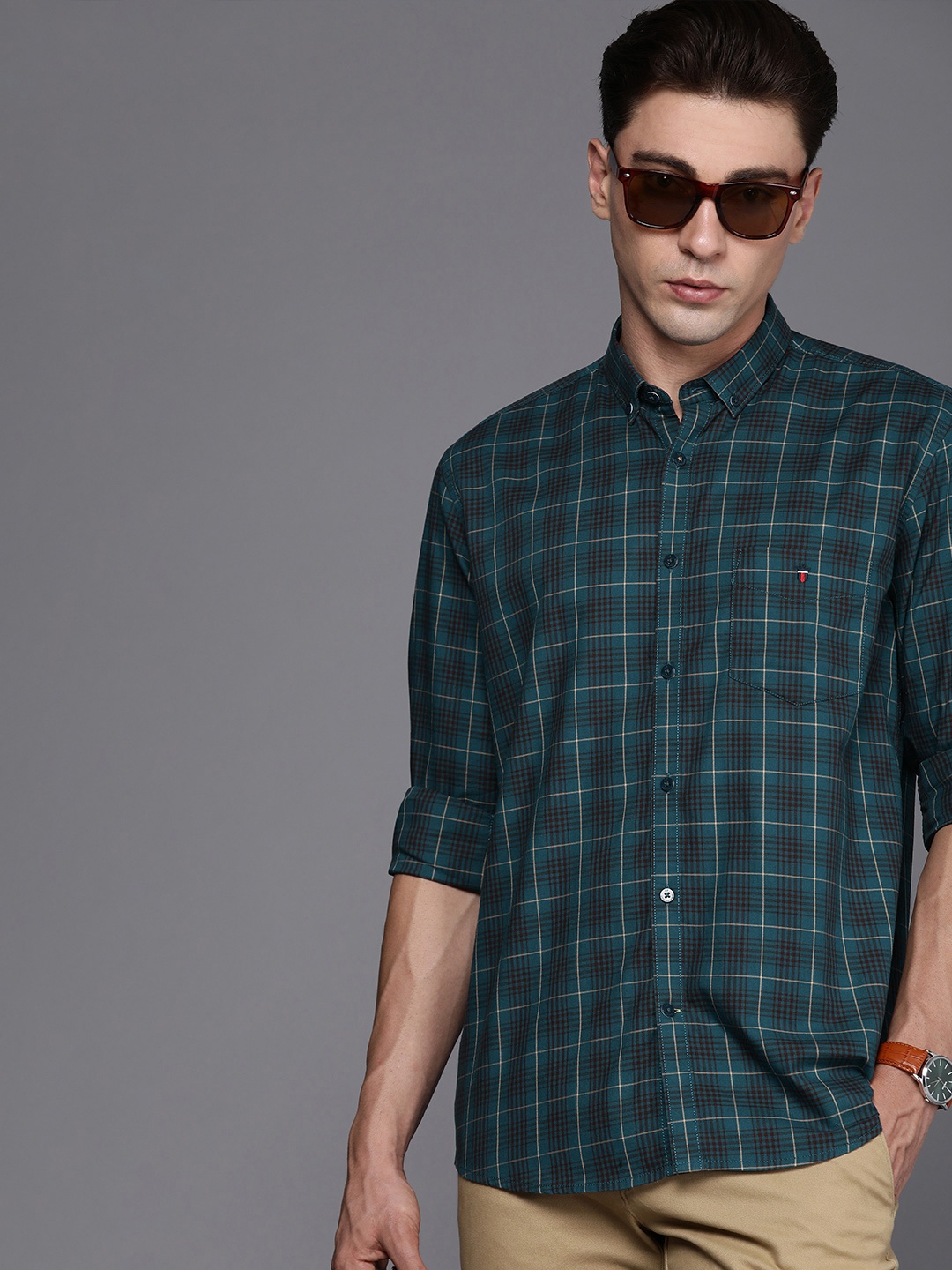 

Louis Philippe Sport Men Slim Fit Tartan Checked Pure Cotton Casual Shirt, Teal