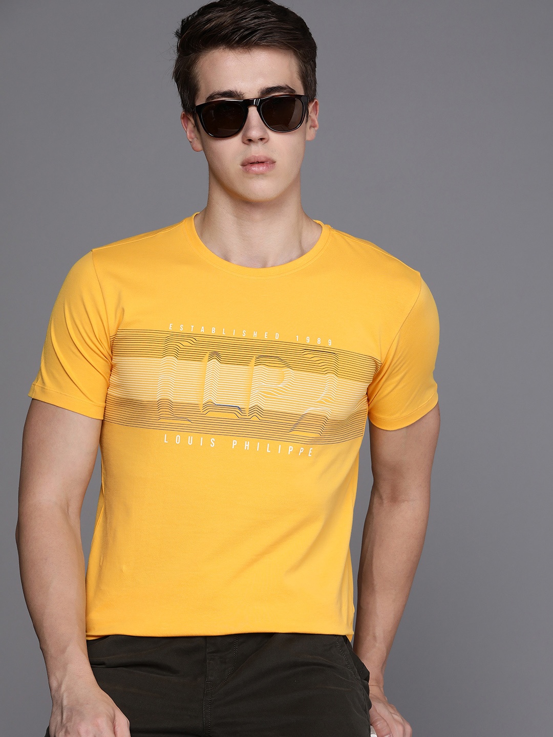 

Louis Philippe Sport Striped Typography Printed Slim Fit T-shirt, Yellow