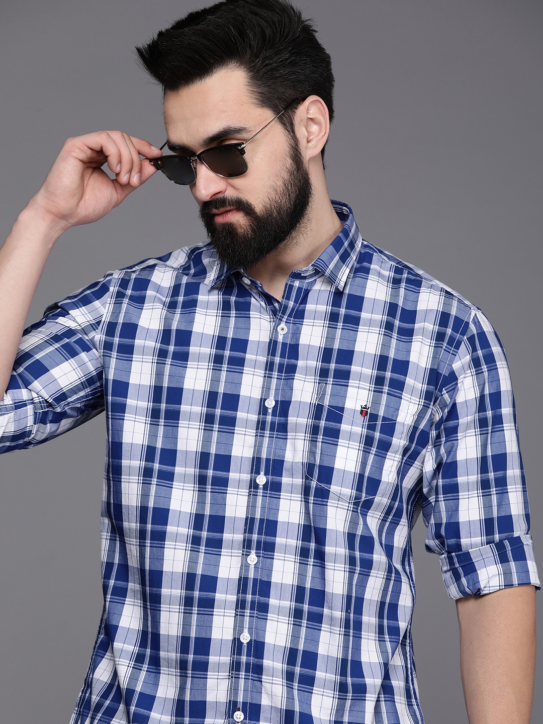 

Louis Philippe Sport Men Slim Fit Checked Pure Cotton Casual Shirt, Blue