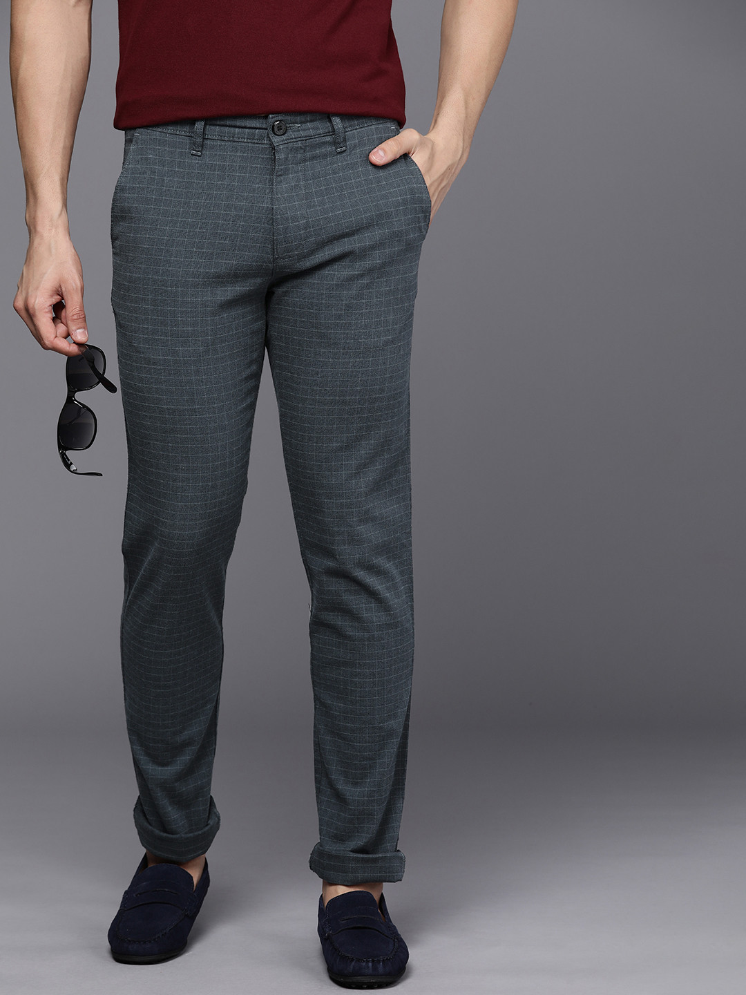

Louis Philippe Sport Men Checked Slim Fit Low-Rise Trousers, Grey