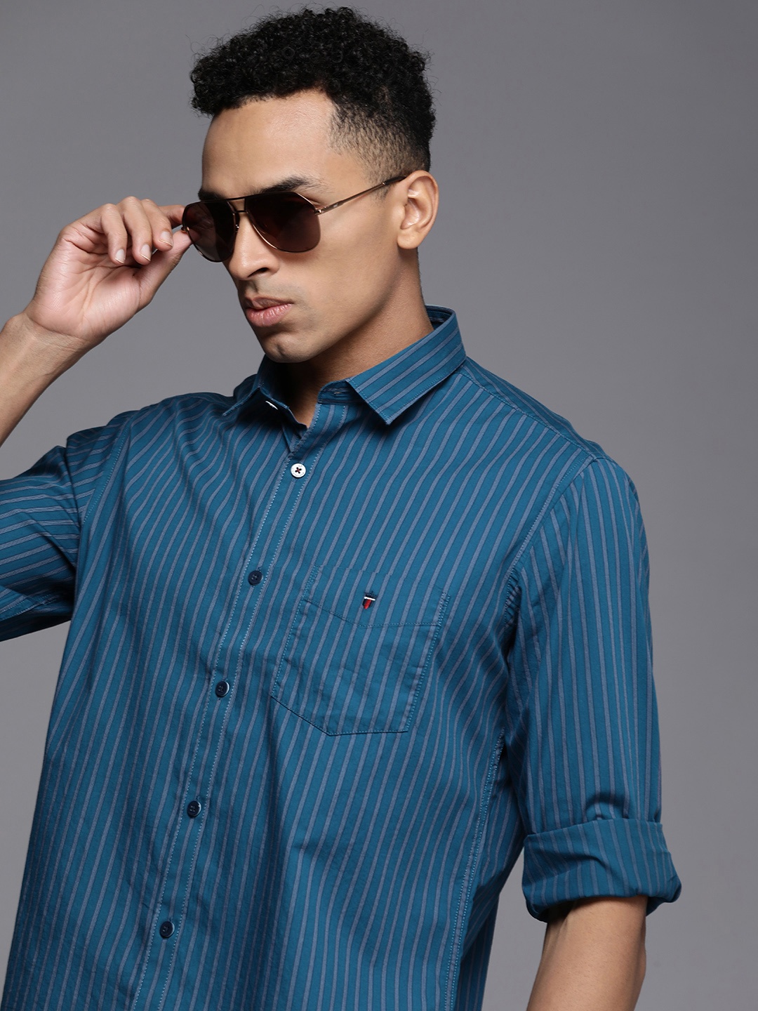 

Louis Philippe Sport Slim Fit Pure Cotton Striped Casual Shirt, Teal