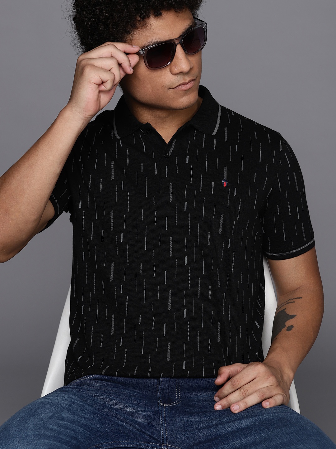 

Louis Philippe Sport Geometric Print Polo Collar Slim Fit T-shirt, Black