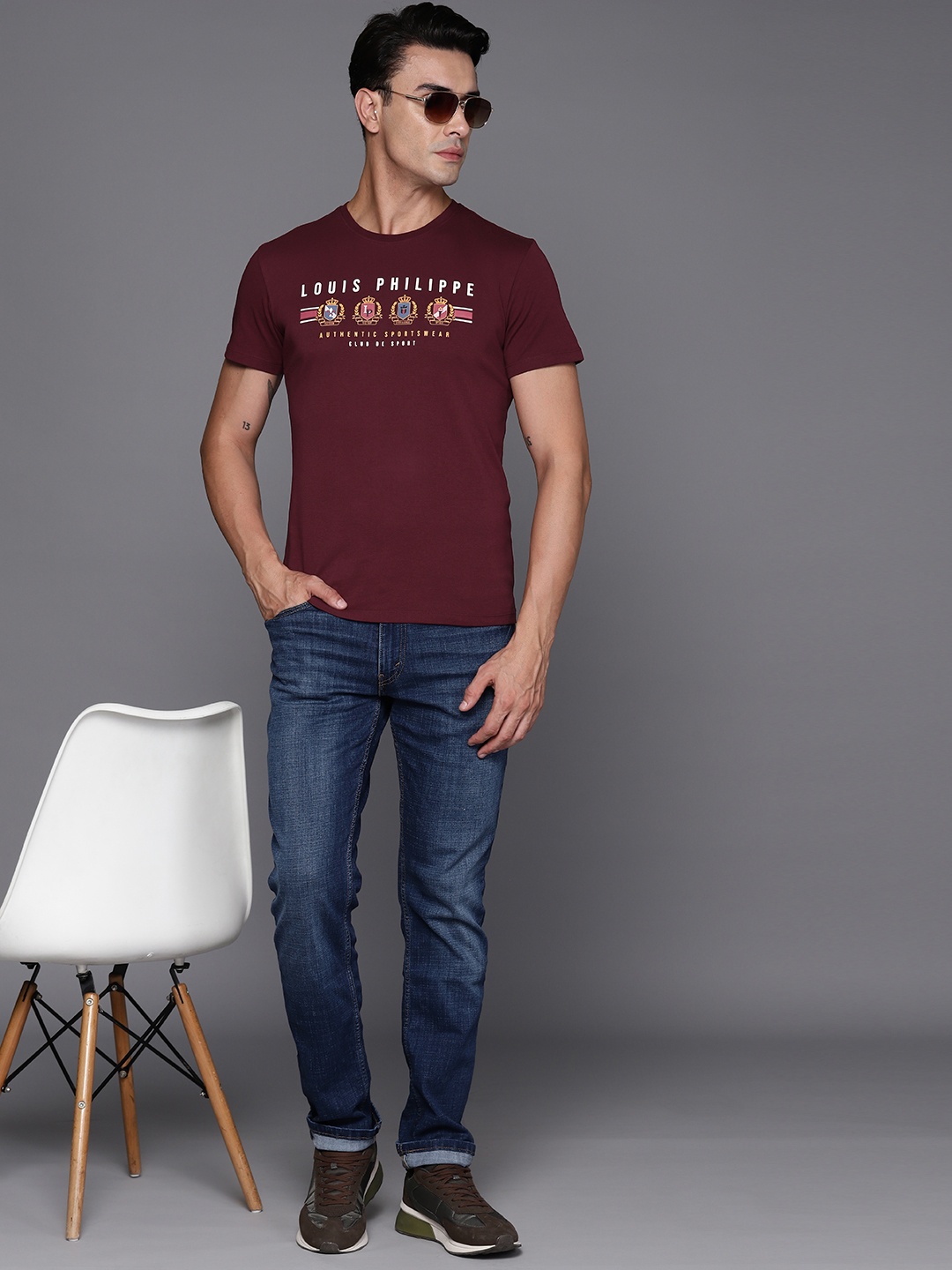 

Louis Philippe Sport Brand Logo Striped Pure Cotton T-shirt, Maroon