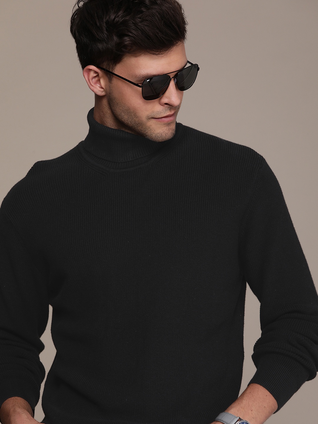 

French Connection Men Pure Cotton Ribbed Pullover, Black