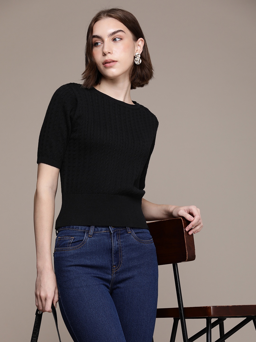 

French Connection Pure Cotton Cable Knit Ribbed Pullover, Black