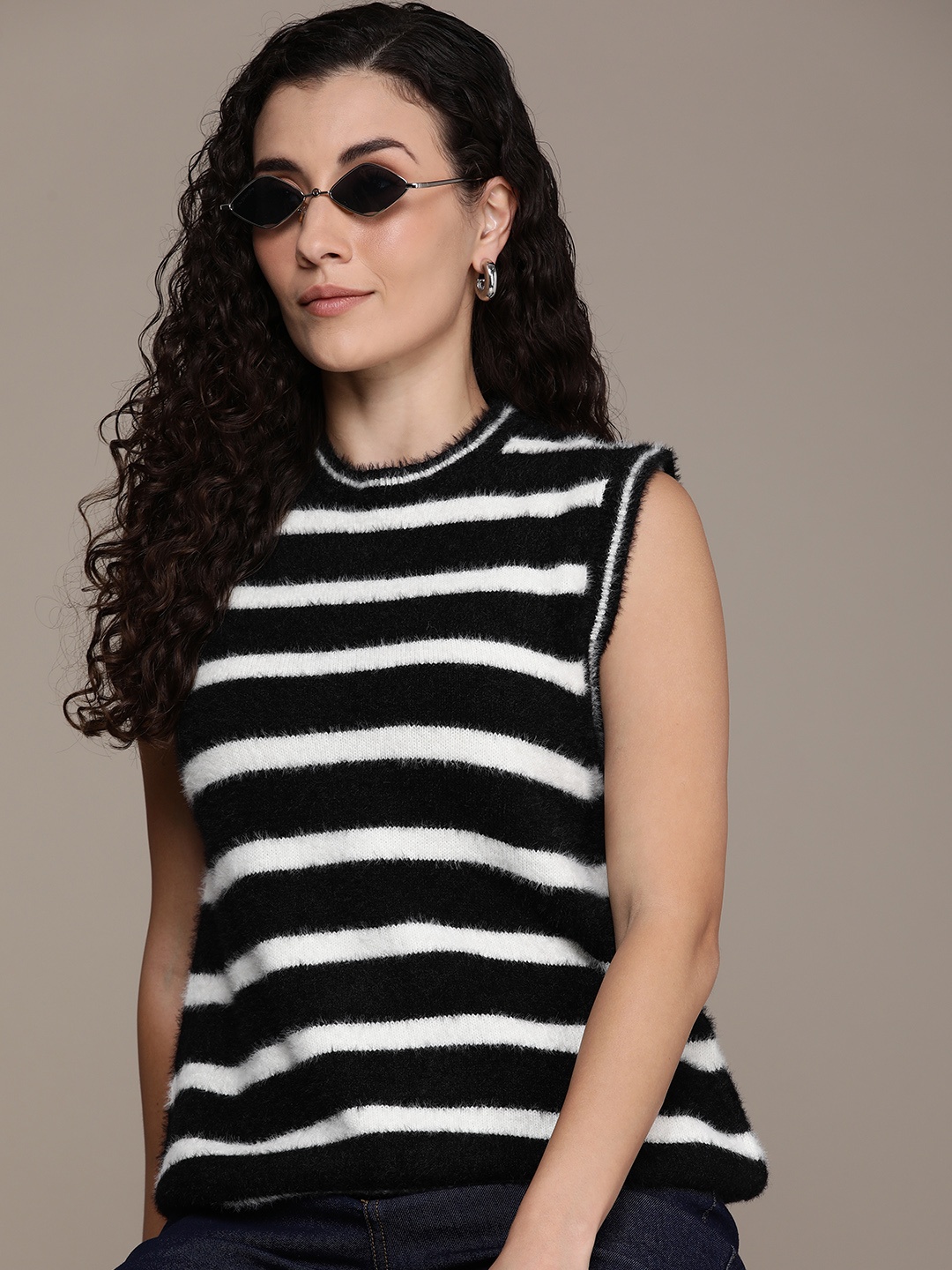 

French Connection Women Striped Pullover Sweater, Black
