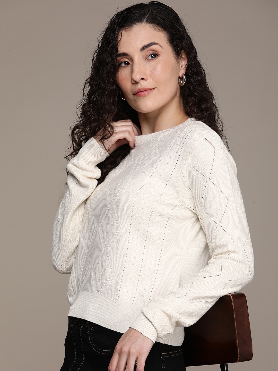 

French Connection Women Geometric & Cable Knit Self Design Pullover Sweater, Off white
