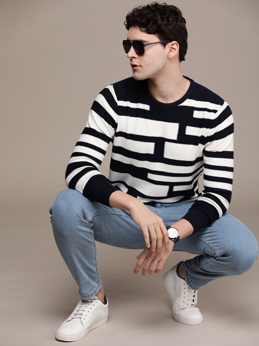 

French Connection Pure Cotton Long Sleeves Knitted Striped Pullover, Navy blue