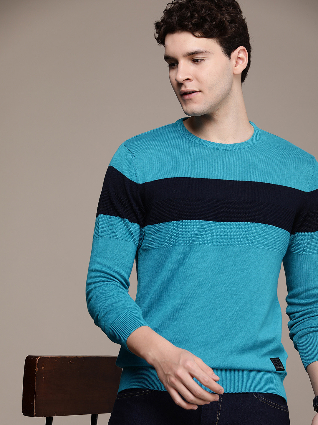 

French Connection Pure Cotton Long Sleeves Knitted Striped Pullover, Blue