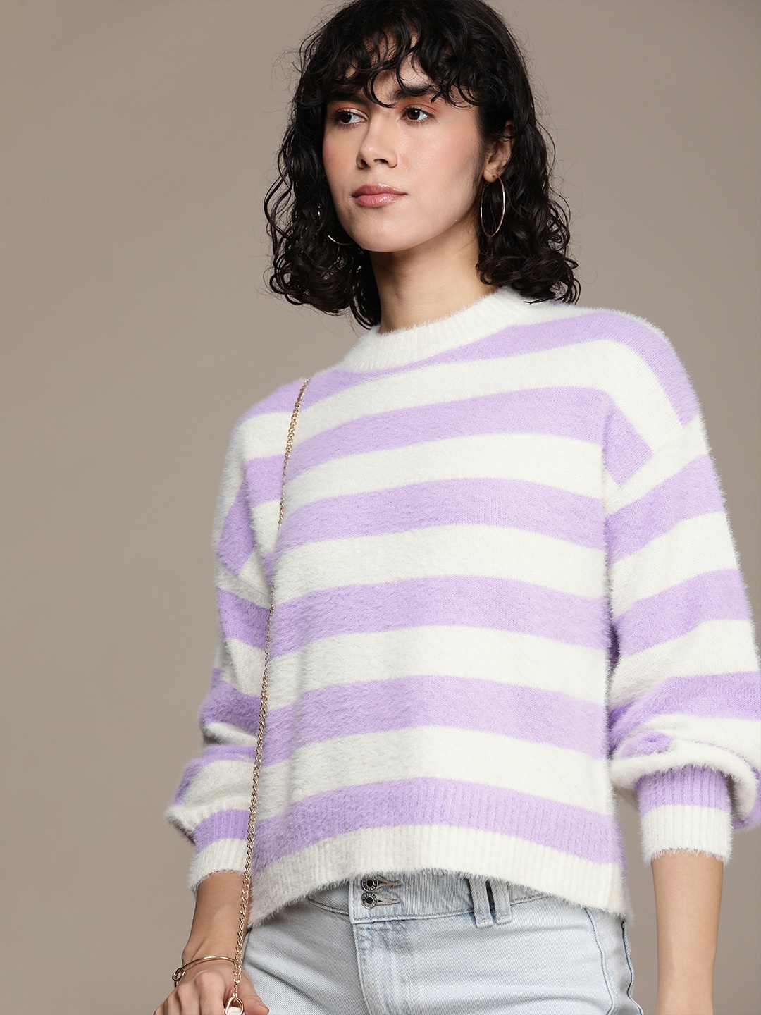 

French Connection Round Neck Striped Pullover Sweaters, White