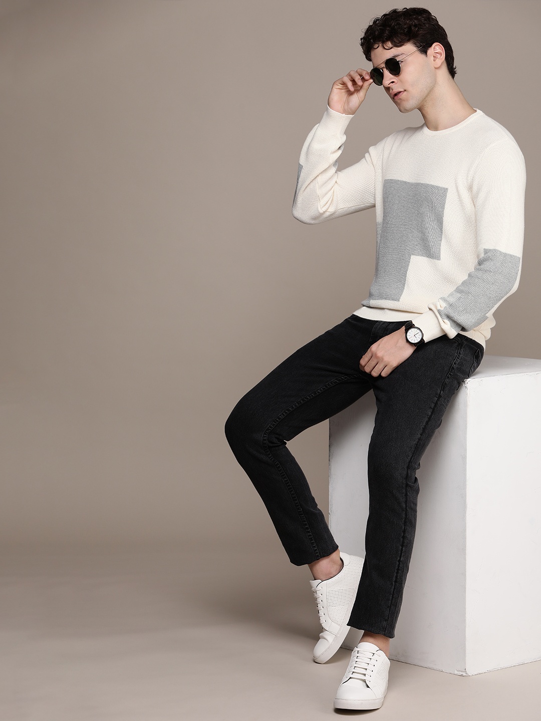 

French Connection Pure Cotton Long Sleeves Knitted Colourblocked Pullover, Cream