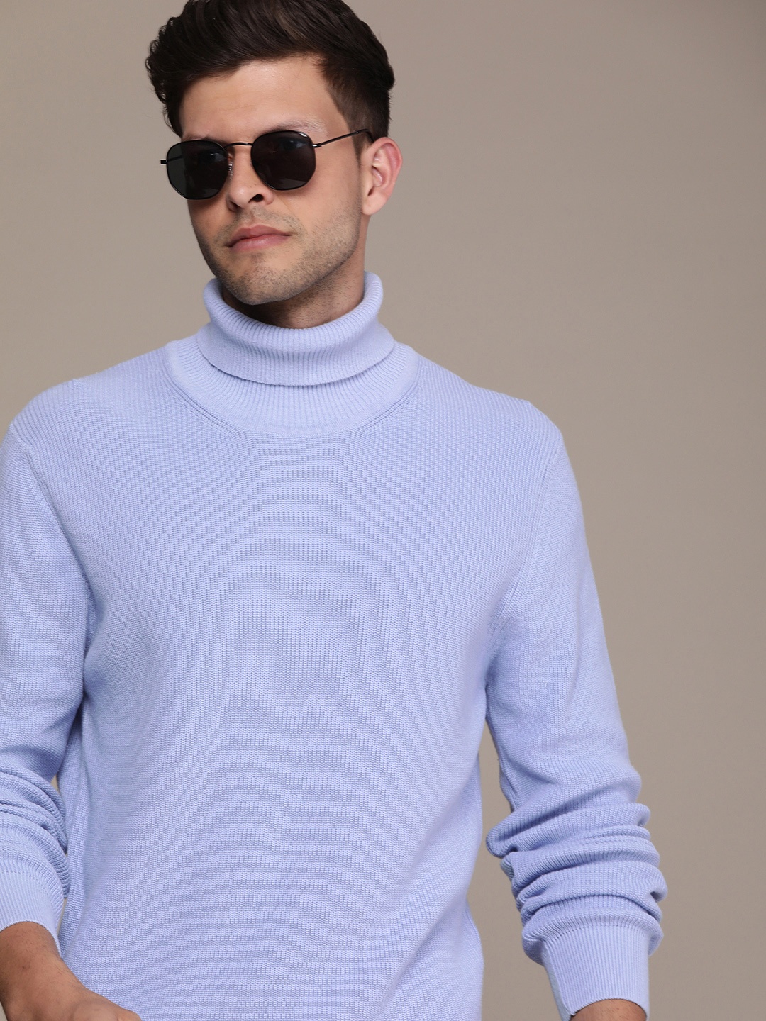 

French Connection Men Pure Cotton Ribbed Pullover, Blue