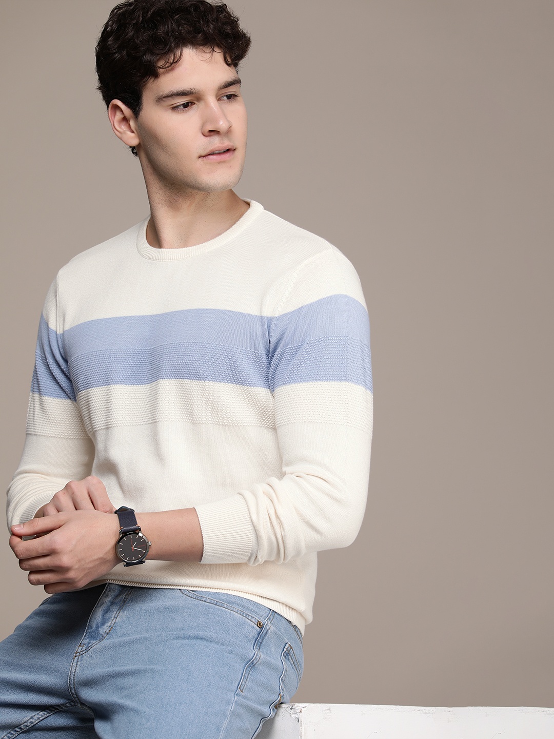 

French Connection Pure Cotton Long Sleeves Knitted Striped Pullover, Cream